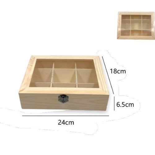 Caja Organizadora de Pino con 9 Divisiones y Tapa de Vidrio por mayor - Hogar por mayor