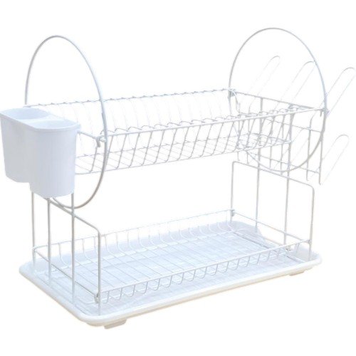 Escurridor de Platos Metálico Blanco de 2 Niveles con Bandeja de Drenaje, Porta Vasos Lateral y Contenedor de Cubiertos por mayor - Hogar por mayor