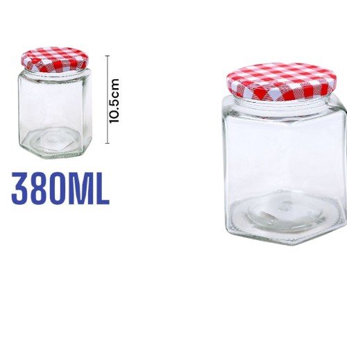 Frasco de Vidrio Hexagonal con Tapa Hermética a Cuadros - 380ml para Conservas y Almacenamiento Profesional por mayor - Hogar por mayor