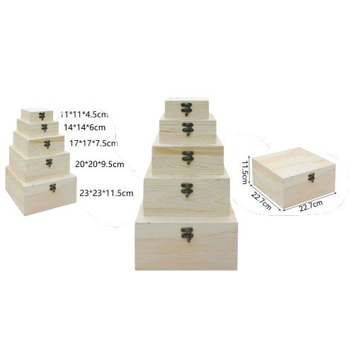 Set de 5 Cajas Cuadradas de Madera Natural de Pino por mayor - Hogar por mayor
